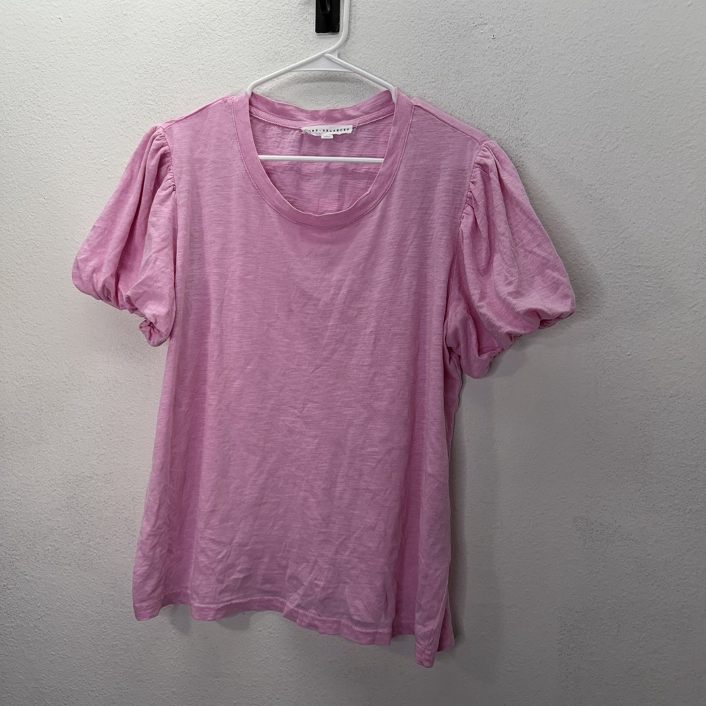 Jane + Delancey Womens Pink Puff Sleeve T-Shirt Top Size L Preppy 100% Cotton